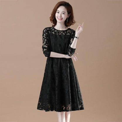 Large Size Lace Long-sleeved Dress Female Spring Summer Thin Hollow A-line Skirt All-match Dinner Dress