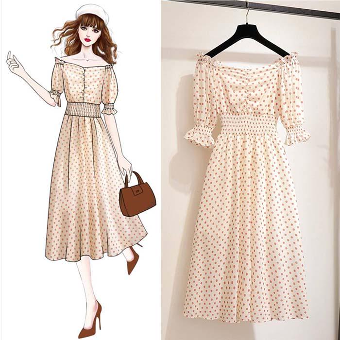 Pofulove Women Polka Dot Off Shoulder Floral Chiffon A-line Dress Thin O-Neck Long Evening Dress