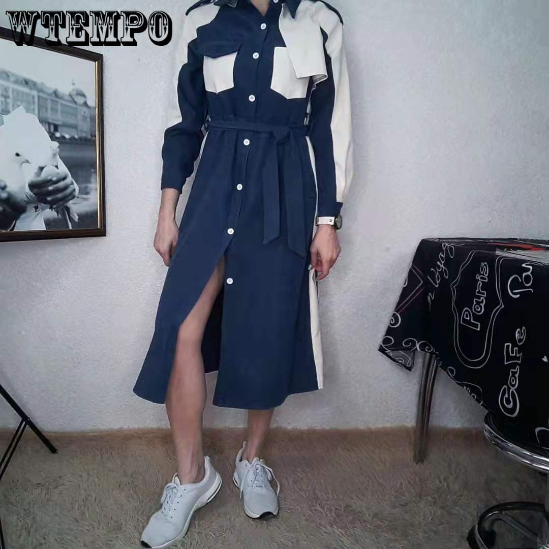 Women Stitching Colours Shirt Dresses Retro Turn-down Collar Single-breasted  Maxi Dress Office Lady Elegant Long Dress Vestidos