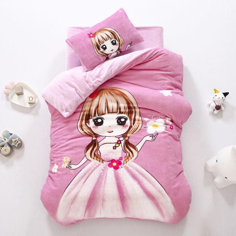 Children's Bed Set Autumn and Winter Double-sided Milk Velvet Three-piece Set Children's Nap Bedding Plus Velvet Thick Quilt Cover Pink Princess Style