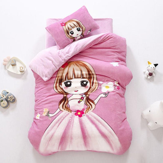 Children's Bed Set Autumn and Winter Double-sided Milk Velvet Three-piece Set Children's Nap Bedding Plus Velvet Thick Quilt Cover Pink Princess Style