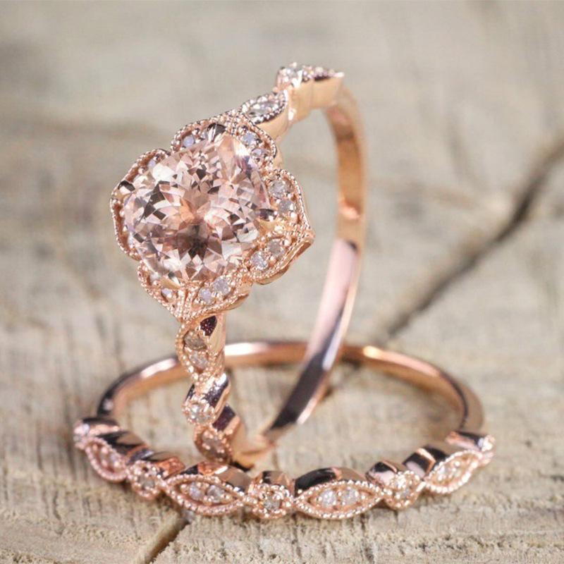 Vintage Rose Gold Rings Set Double-layer Ring Large Shining Zircon Ring Romantic Floral Rings Set