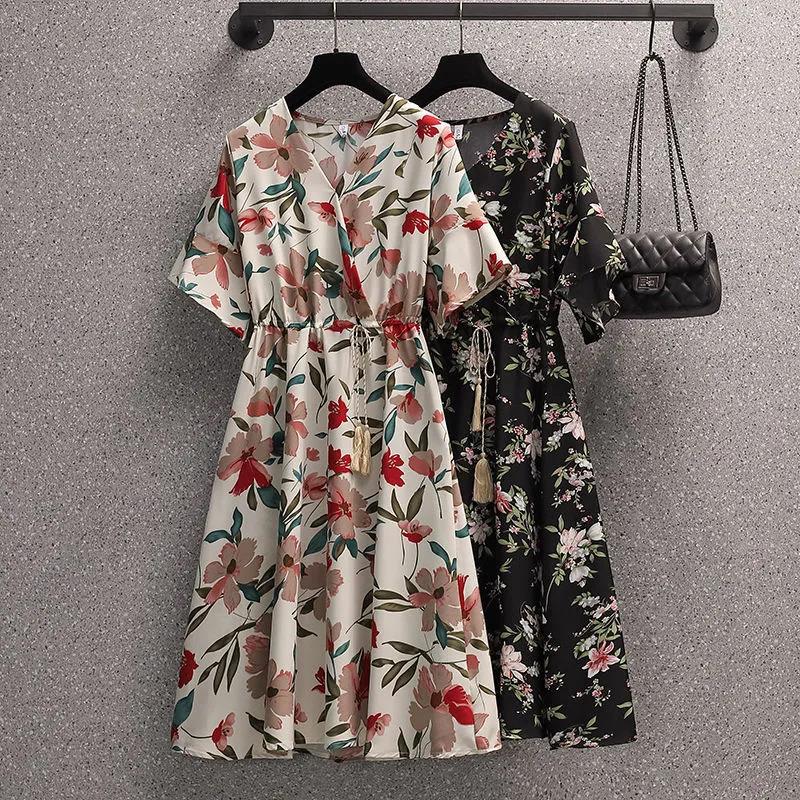 Large Size Floral Dress Women's Summer Dress Short Sleeve Printing Knee-length Daily Wear Office Dating Party