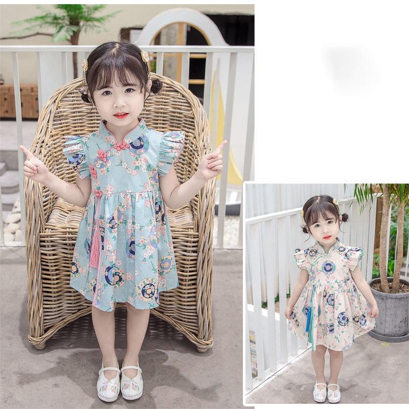 Girls Cheongsam Skirt Summer Dress Baby Girl Summer Style Hanfu Tang Suit Children Foreign Style Flying Sleeve Dress