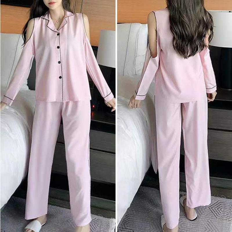 Women's  Ice Silk Sexy Off-the-shoulder Long-sleeved Pajamas Set Spring Thin Lapel Loose Home Wear Suits Solid Comfortable Sleeping Suit