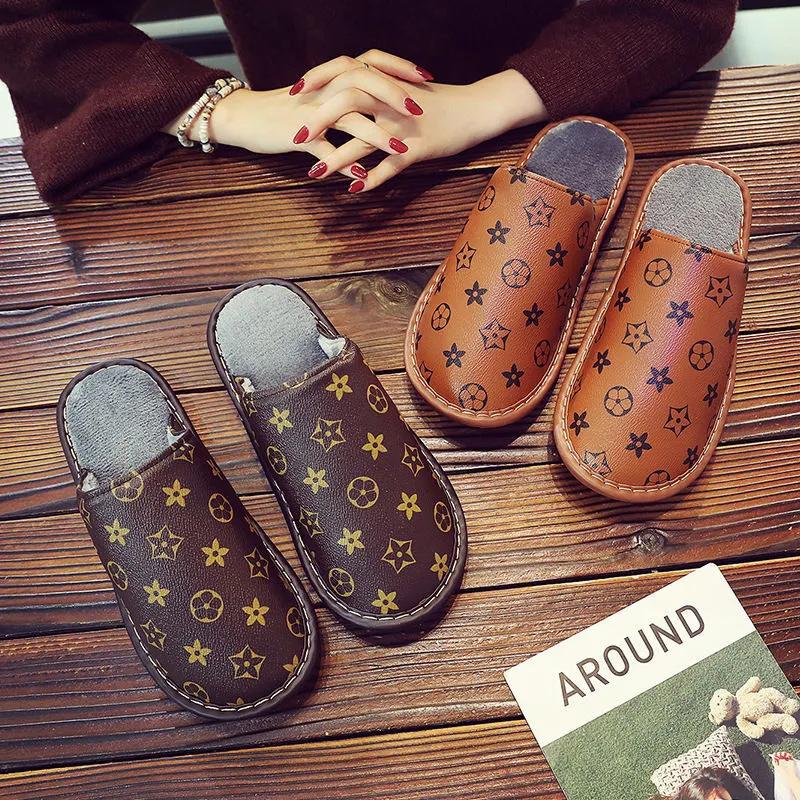 PU Waterproof Slippers Women Men Winter Plush Keep Warm Flat Home Shoes Woman Soft Comfort Female Shoes Sewing Interior Slipper