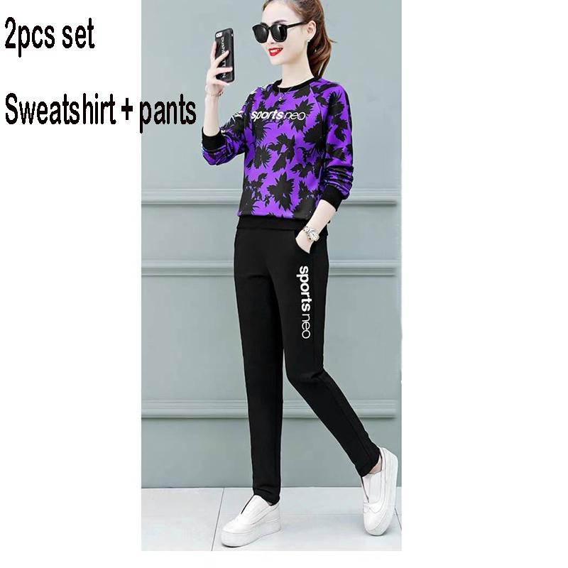 Joker Long -Sleeved Casual Sweatshirt Set Large Size Spring And Autumn Women 'S Clothing 2pcs Set