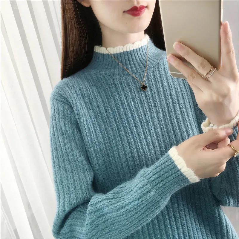 Half Turtleneck Thickened Pullover Sweater Women Fashion Splicing Short Long Sleeve Sweater