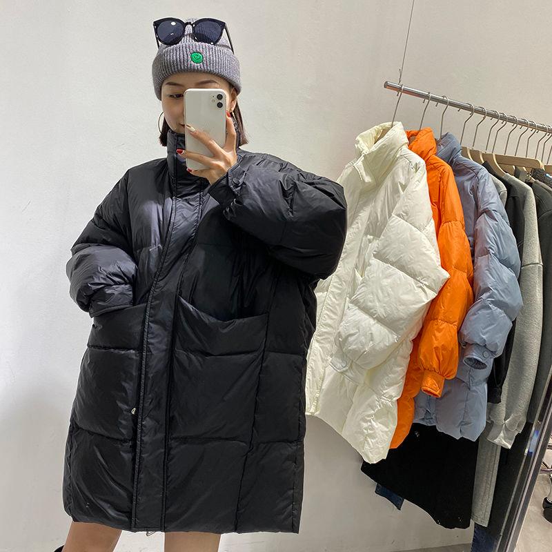 European Fashion Padded Down Jacket Women Winter Mid-length Korean Loose White Duck Down