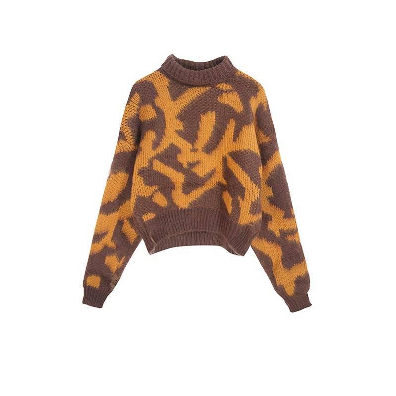 2 Colors Sexy Lady Turtleneck Leopard Sweater Knitwear Loose Pullover Jumper Short Top