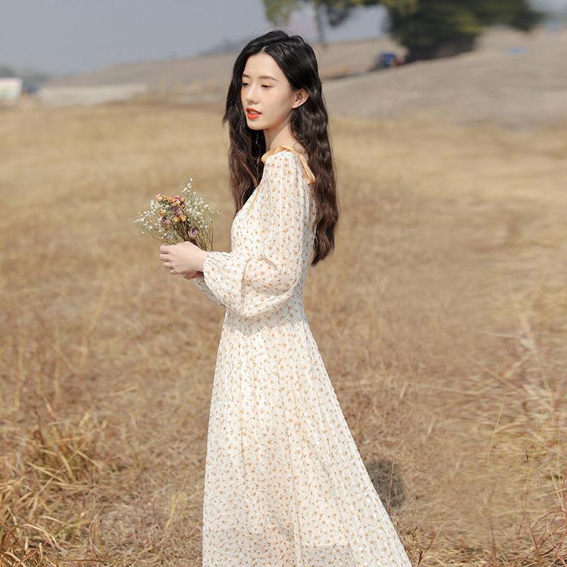 Spring Summer Floral Dress Female Temperament Fresh Chiffon Over The Knee Dress Mid-length