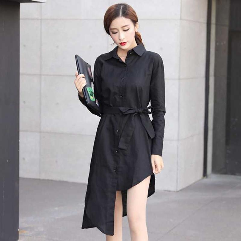 S-XXXXXL T-shirt Dress with Belt Loose Turn-down Collar Casual Long Sleeve Buttons Women Dress Irregular Split Fork