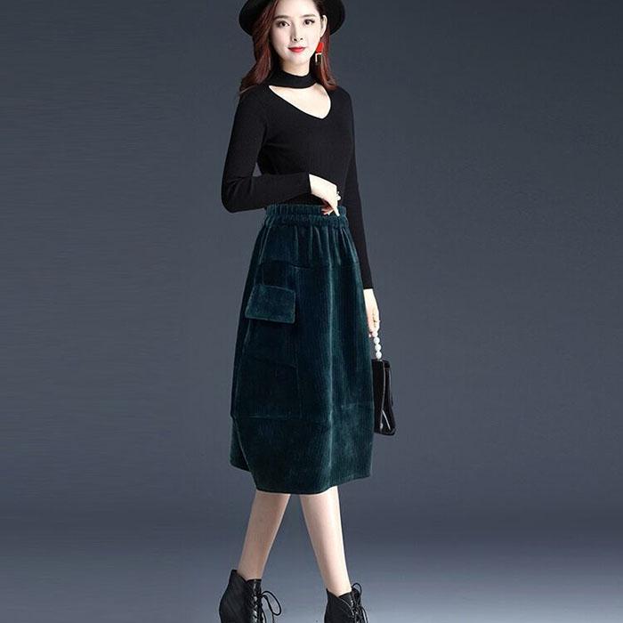 Autumn Winter Skirt Women Flower Bud Skirt Plus Size Corduroy Mid-length Skirt with Pockets