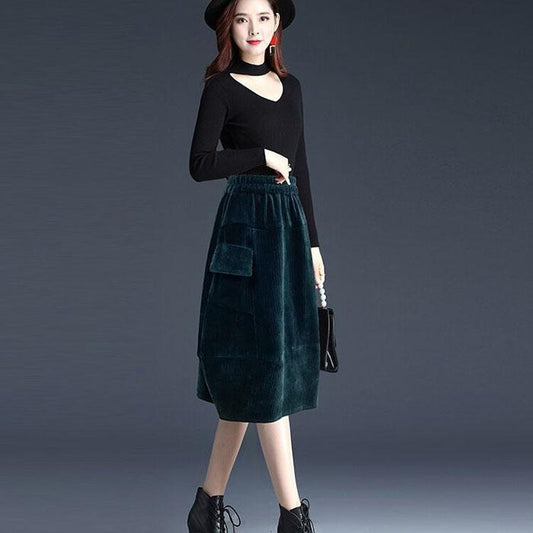 Autumn Winter Skirt Women Flower Bud Skirt Plus Size Corduroy Mid-length Skirt with Pockets