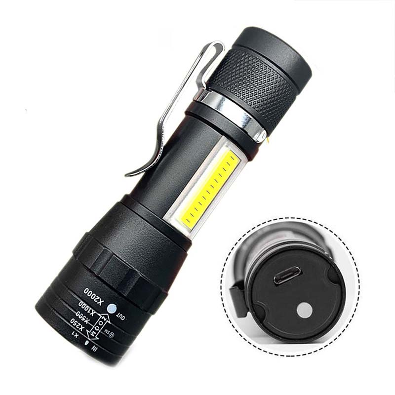 Bright XPE+COB 4Modes USB Rechargeable Waterproof Zoomable LED Flashlight Torch Tial Clip& Cable