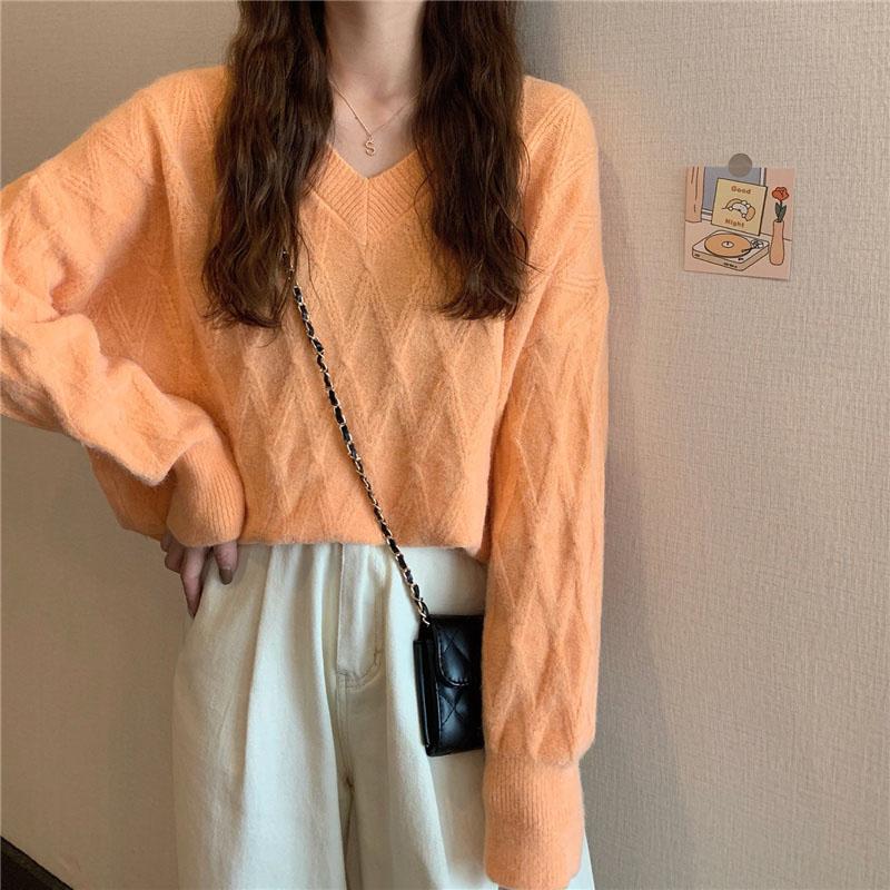 Winter Women Sweaters Oversized Loose V Neck Long Sleeve Pullover Sweater Pink Fashion Korean Fall Jumper Plus Size Casual Warm Fall Argyle Sweater
