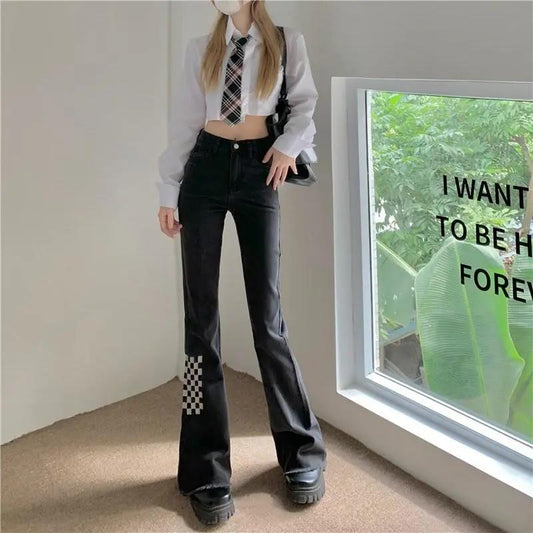 Contrasting Color Checkered High Waist Jeans Women's 2022 Girl Micro Pants Retro Straight Pants Mopping Pants