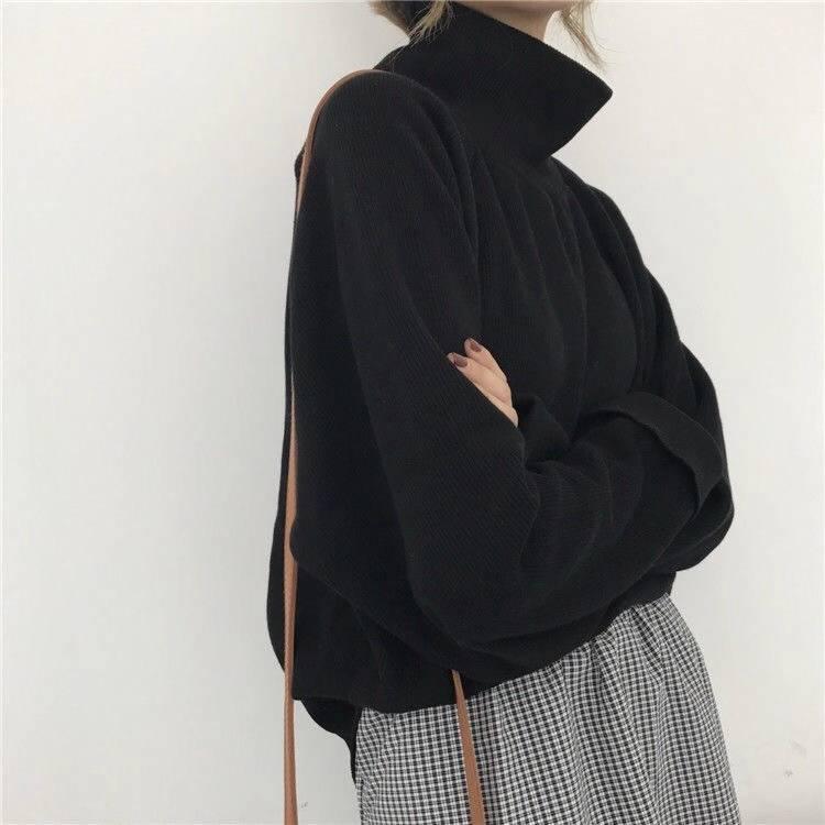 Pofulove Turtleneck Sweater Female Students Autumn Winter Loose Pullover Warm Shirt Solid Color Base