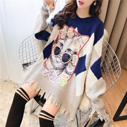 Autumn and Winter Mid-length Pullover Women Loose Casual Cartoon Print Tassel Sweater Jumper Outer Wear