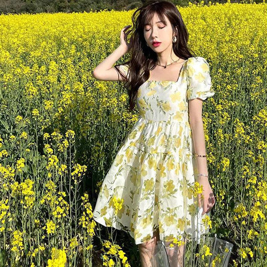 Women's Summer Dress Square Neck Floral Puff Sleeve Loose Skirt