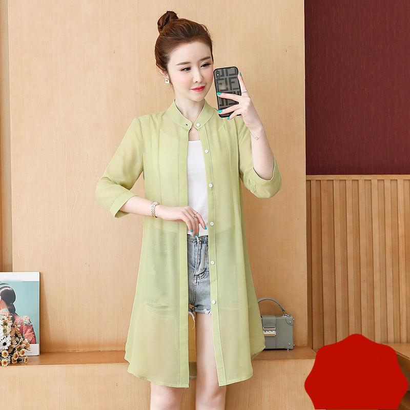 Pure Color Long-sleeved Sun Protection Clothing Women's Mid-length Beach Chiffon Cardigan Thin Coat Fabric Is Light and Breathable