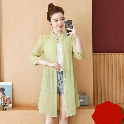 Pure Color Long-sleeved Sun Protection Clothing Women's Mid-length Beach Chiffon Cardigan Thin Coat Fabric Is Light and Breathable