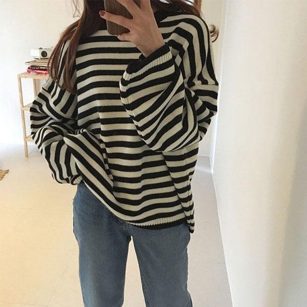 Autumn and Winter Striped Student Loose Pullover Long Sleeve Round Neck All-match Bottoming Sweater Coat