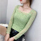 Women's Spring and Autumn Long Sleeve Lace Bottoming Shirt Square Collar Slim Top