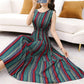 Summer Bohemia Ethnic Print Dress Round Neck  Sleeveless Loose High Waist Cotton Silk Vest Beach Skirt