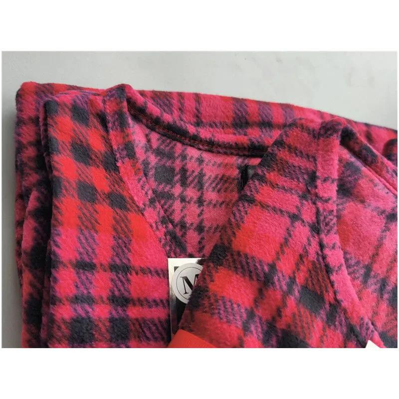 Women's Spring Knitted Flocking Pajamas Long Sleeve Plaid Round Neck Dress Home Nightdress
