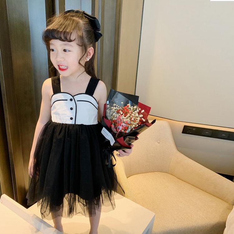 Children Dress Girls' Summer Dress Korean Sweet Casual Dress Lace Pompous Skirt Gauze Skirt Suspender Dress