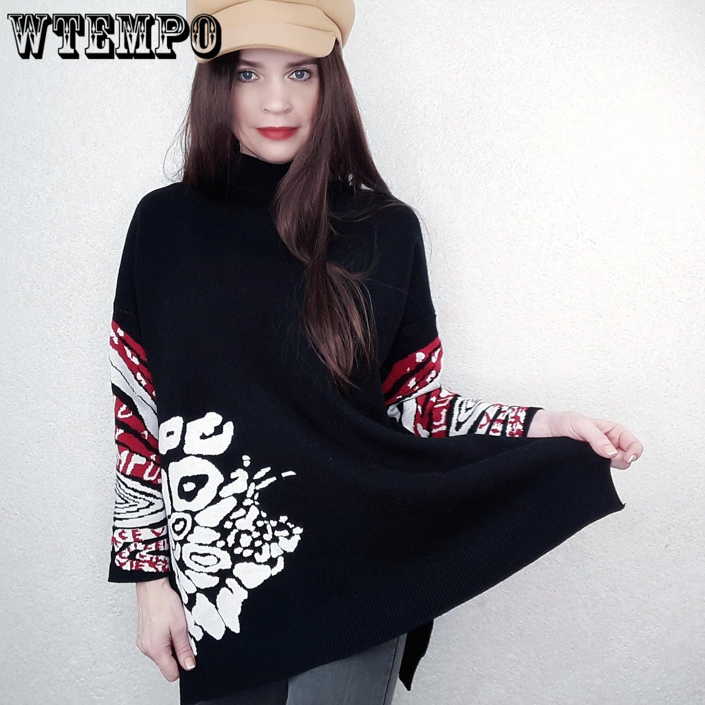 Women Vintage Printed Knitted Sweater Loose Bottoming Sweater Autumn Winter Plus Size Split Pullover Sweater