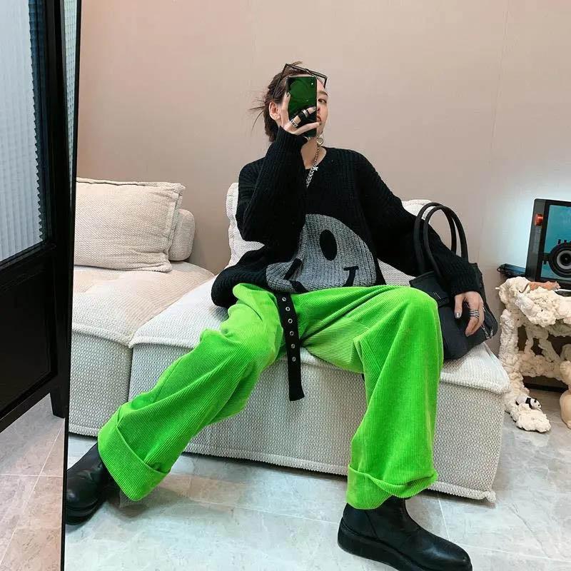 Wickn Glen Pants Spring and Autumn Straight High Waist Vertical Green Strips Wide