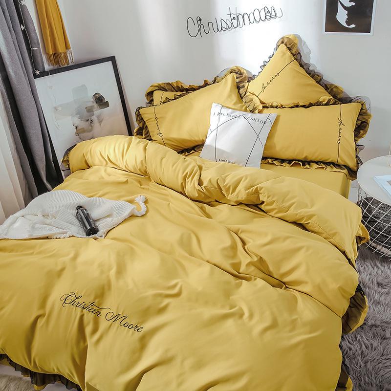 4 PCS Breathable Bed Cover Skin-friendly Cotton Bed Decoration Lace Wedding Bedding Set