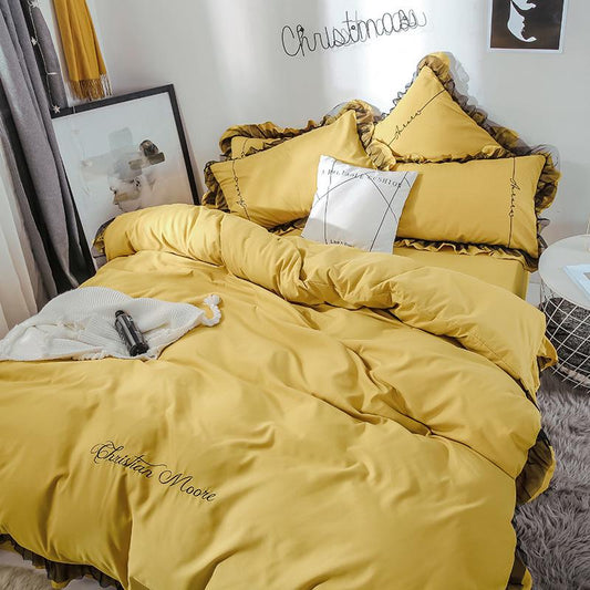 4 PCS Breathable Bed Cover Skin-friendly Cotton Bed Decoration Lace Wedding Bedding Set