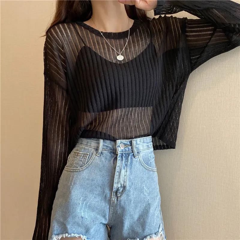 Loose and Thin Long-sleeved Hollow Knitted Sweater Women's All-match Sunscreen Shirt Top Sexy See-through Dress
