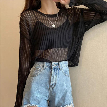 Loose and Thin Long-sleeved Hollow Knitted Sweater Women's All-match Sunscreen Shirt Top Sexy See-through Dress
