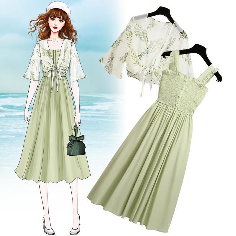 Women Plus Size Set Summer Long-sleeve Irregular Plaid Shirt Strap Dress