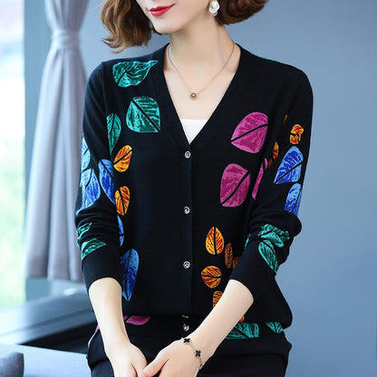 3D Leaf Printed Cardigan Women High-end Plus Size Cardigan  Short Knitted Jacket Wool Cardigan  Outer Wear