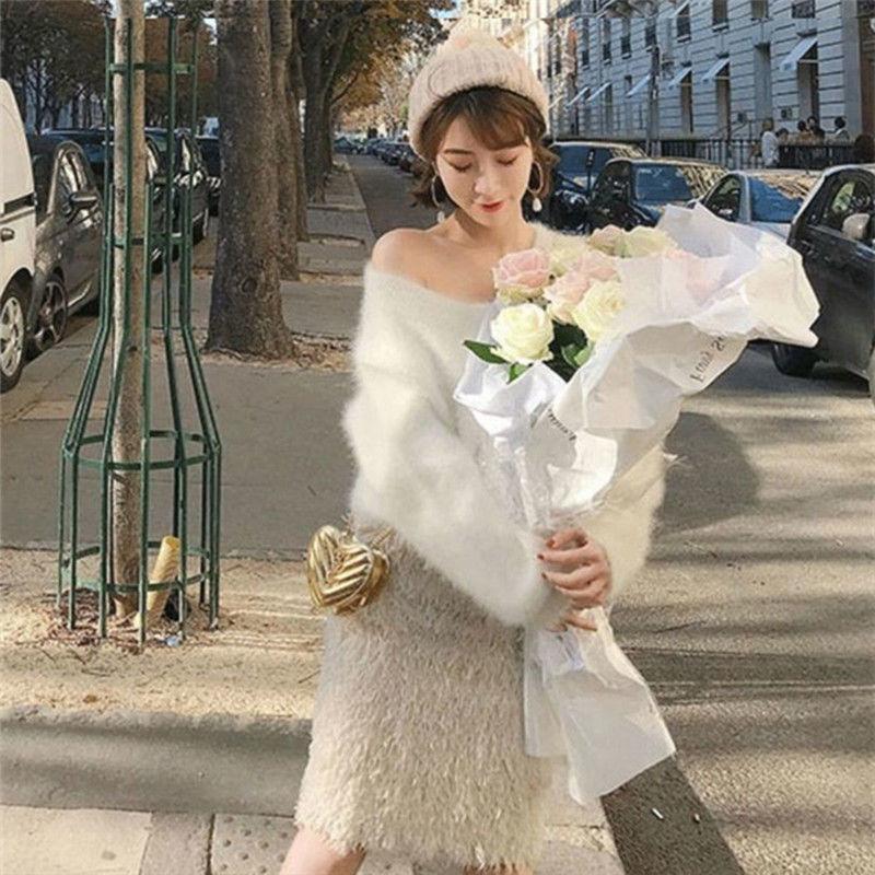 Autumn  Winter Mink Velvet Sweater Women Casual Loose One-word Neck Strapless Long-sleeved V-neck Outer Wear Sweater