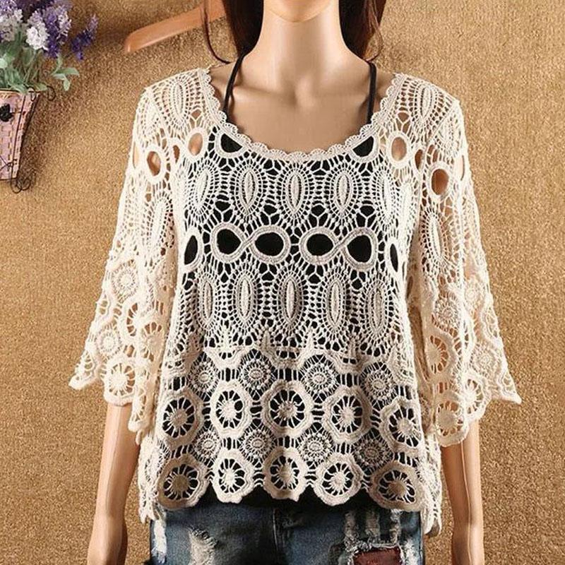 Hollow Blouse Thin Lace Women's Skirt Loose Bottoming Hollow Knitted Sweater Sweet Temperament Hole Top Sunscreen Shirt