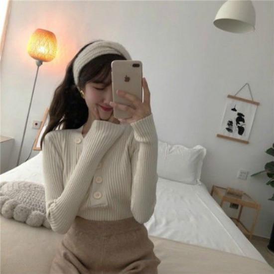 Pofulove Girly V- Neck Button Pullover Long Sleeve Sweater Women Solid Color Slim Waist Knitwear
