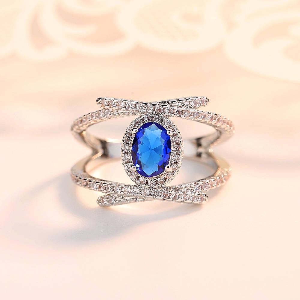 Royal Blue Love Heart Shaped Zircon Ring Single Zircon Ring Blue Oval Double Layer Multilayer Diamond Zircon Ring