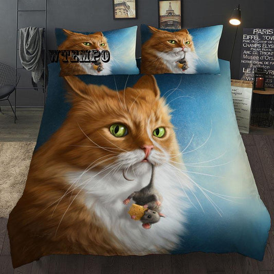 3D Cat Pattern Polyester Kit Quilt Cover Sheets Pillowcase 3pcs Home Textile Bedding Set