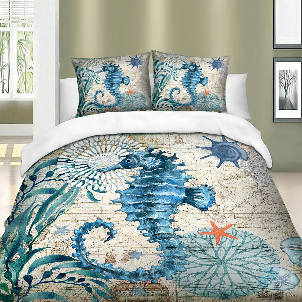 3pcs Seahorse 3D Ocean Bedding Set Duvet Cover Sets Twin Full Queen Size