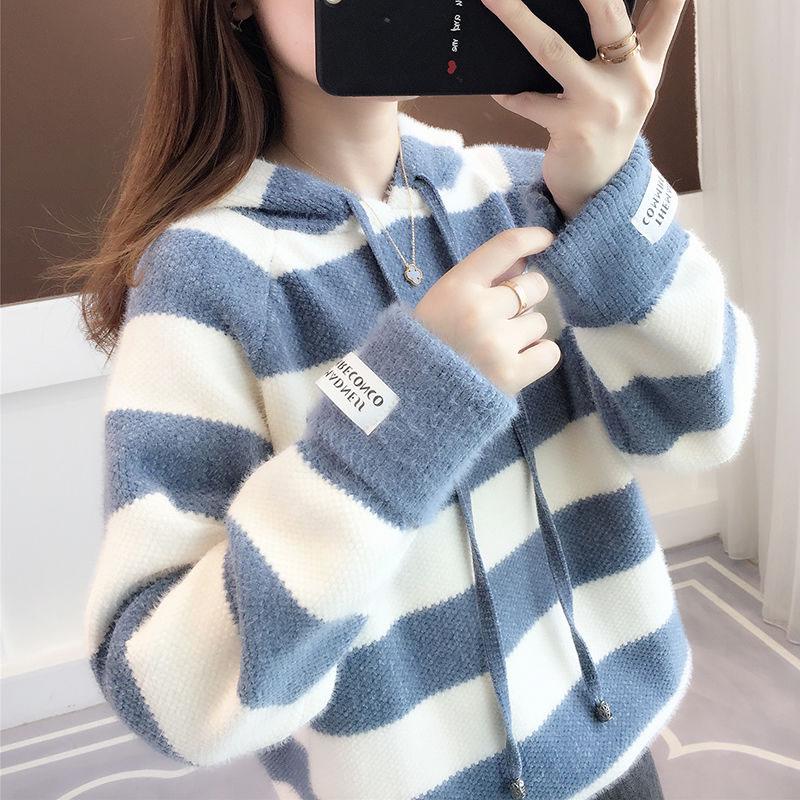 Women Stripe pullover hoodie sweatshirt Contrast mohair Pullover Turtleneck sweater Jumper
