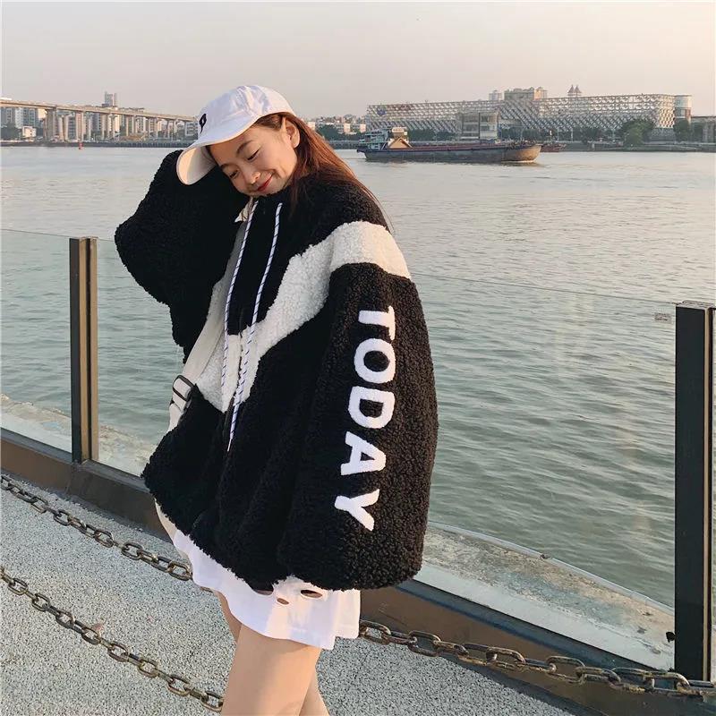 Lamb Wool Stand-up Collar Jacket Female BF Color Matching Loose Cardigan Zipper Plus Velvet Thick Warm Jacket Ladies Casual Warm Jacket