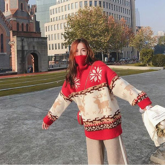Christmas Turtleneck Sweater Women Padded Pullover Loose Top Long Sleeve Splicing Color Warm Coat