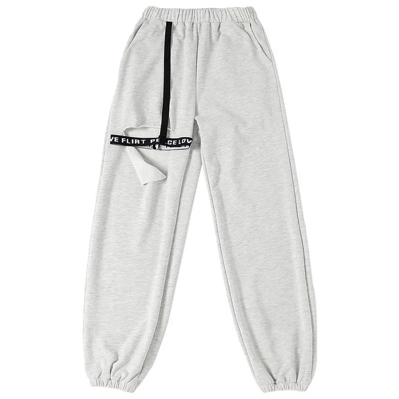 Grey Fried Street Sweatpants Women Loose Leggings Pants Tide Design Sense of Holes High Waist Slimming Harlan Guard Pants Summer