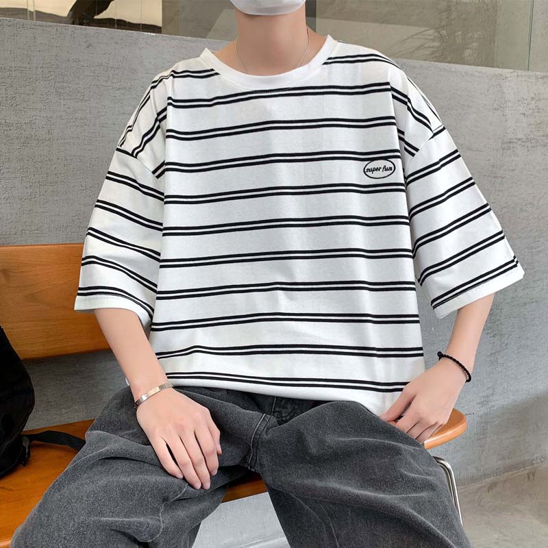 Pure Cotton Short-sleeved T-shirt Men's Summer Loose Striped Five-point Sleeve Student Short-sleeved Shirt